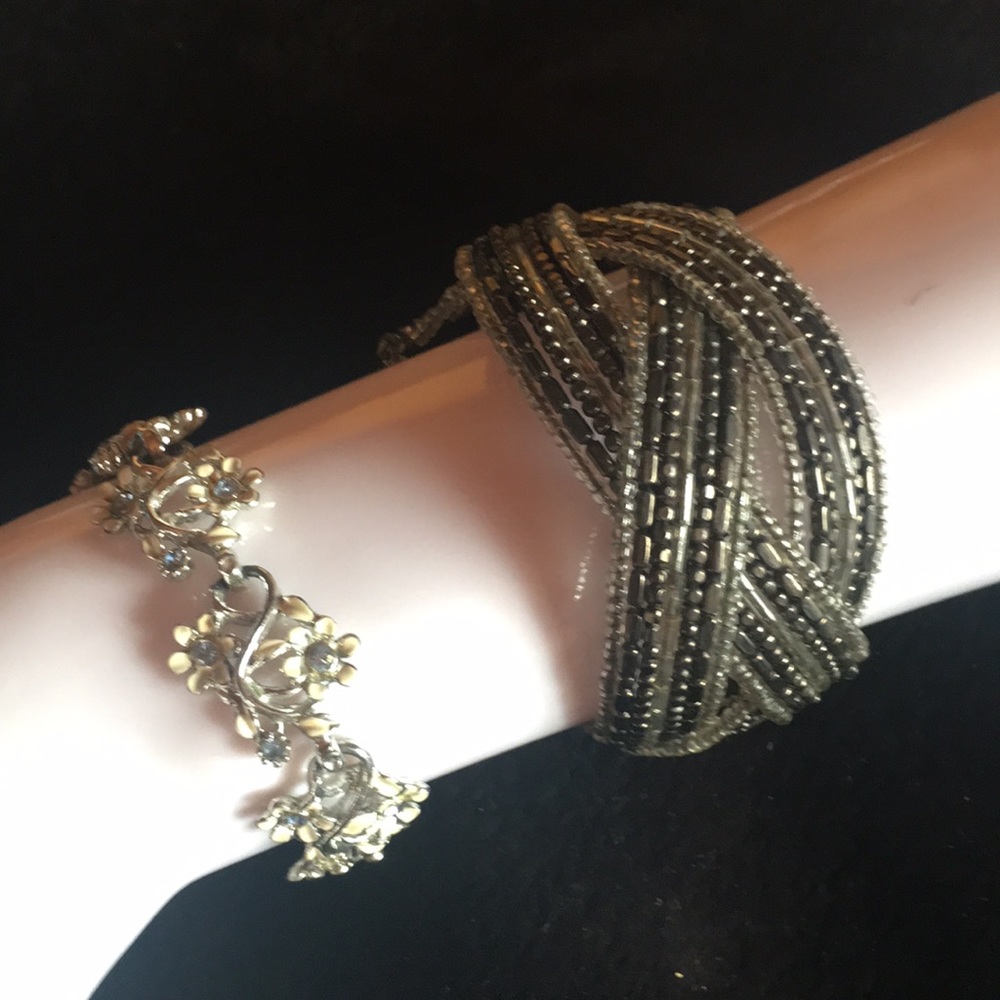2 Bracelets 1 Gray Beaded 2 Floral w/ Rhinestones